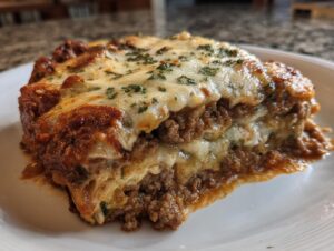 Close-up of a hearty slice of zucchini lasagna featuring layers of meat sauce, cheese, and topped with melted mozzarella and parsley.
