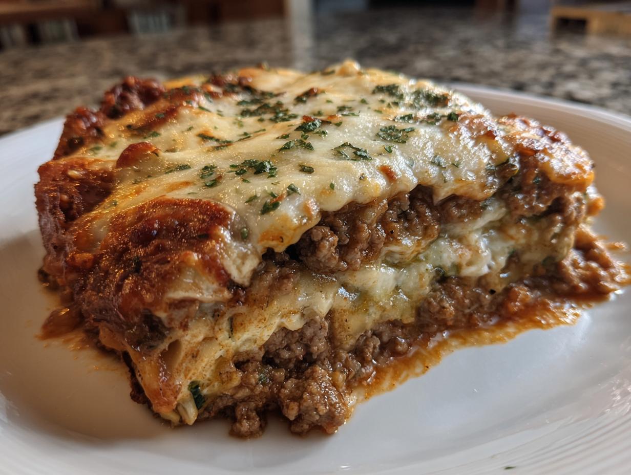 Close-up of a hearty slice of zucchini lasagna featuring layers of meat sauce, cheese, and topped with melted mozzarella and parsley.