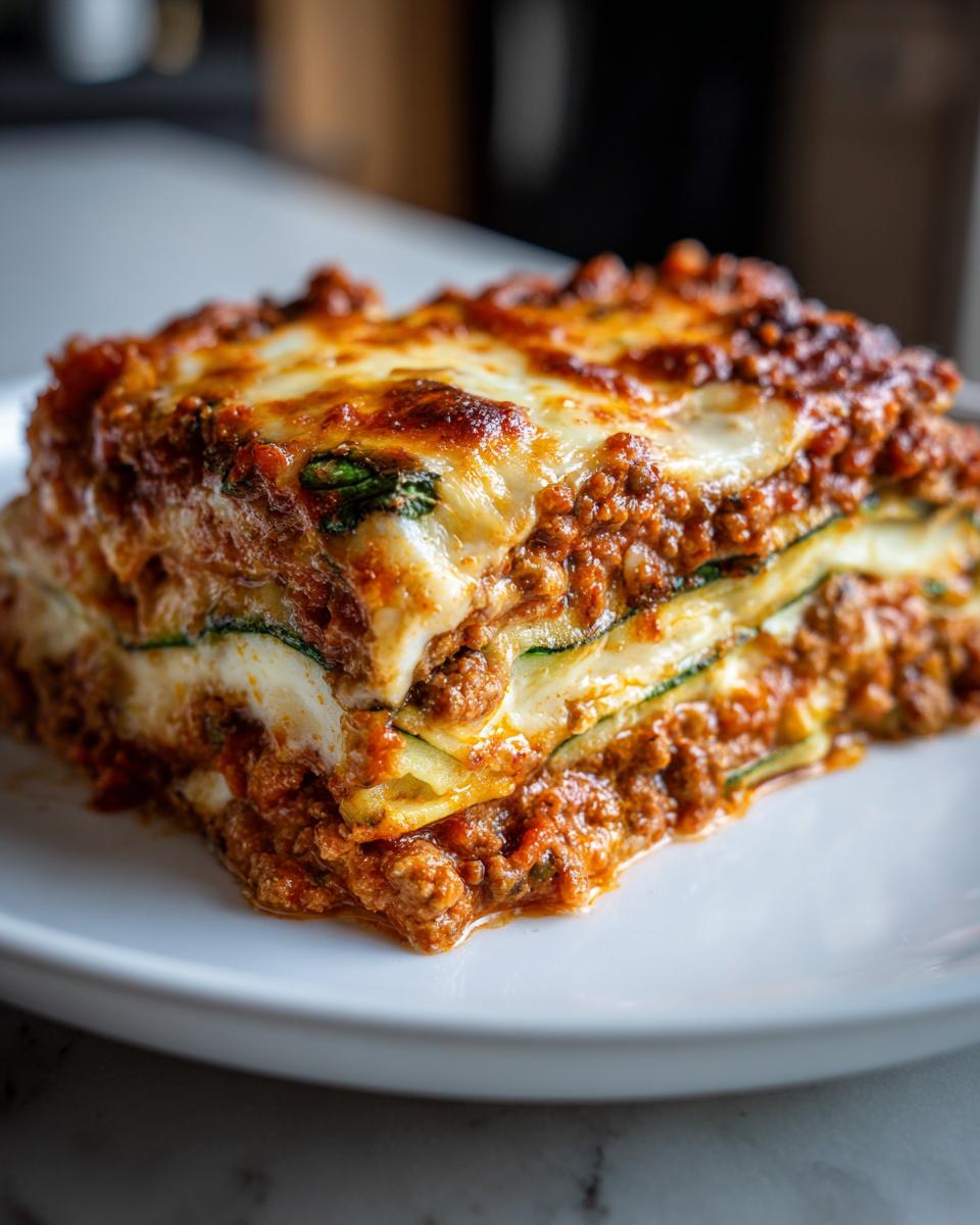 A generous, layered slice of zucchini lasagna featuring rich meat sauce and melted cheese topping.