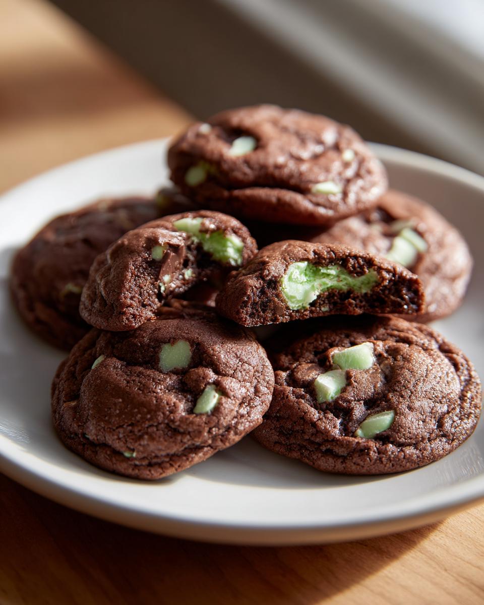 A stack of fudgy chocolate Andes mint cookies, one broken open revealing a bright green mint filling.