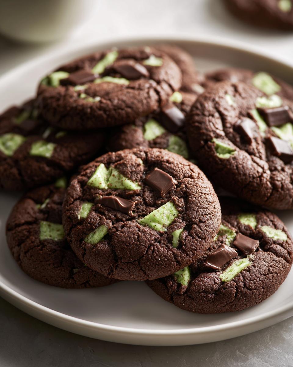 A close-up of several rich, dark chocolate Andes Mint Cookies piled on a light plate, featuring visible green mint pieces.