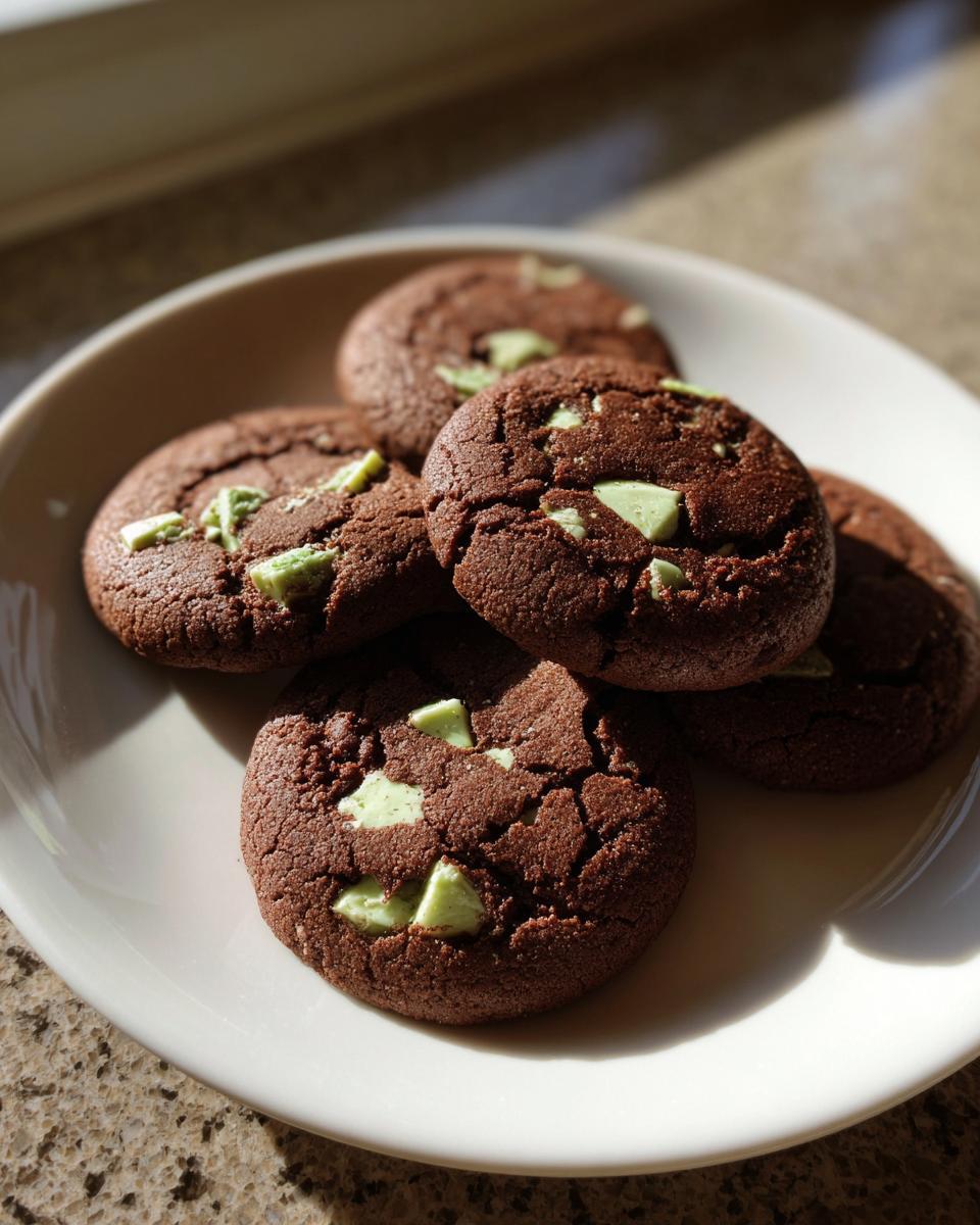 A stack of rich, dark chocolate Andes Mint Cookies with visible mint chips, resting on a white plate.