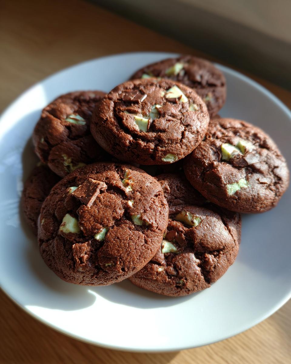 A stack of dark chocolate Andes Mint cookies with visible mint chips piled on a white plate.