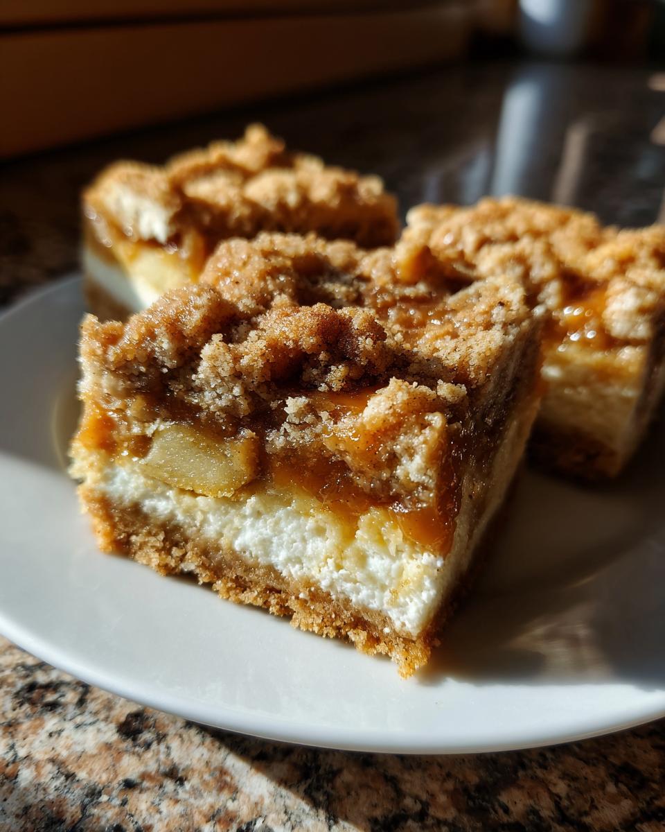 Three rich apple cheesecake bars with a crumb topping served on a white plate.