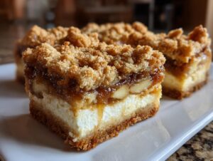 A close-up of a thick, layered apple cheesecake bars slice featuring a graham cracker crust, creamy filling, and crumb topping.