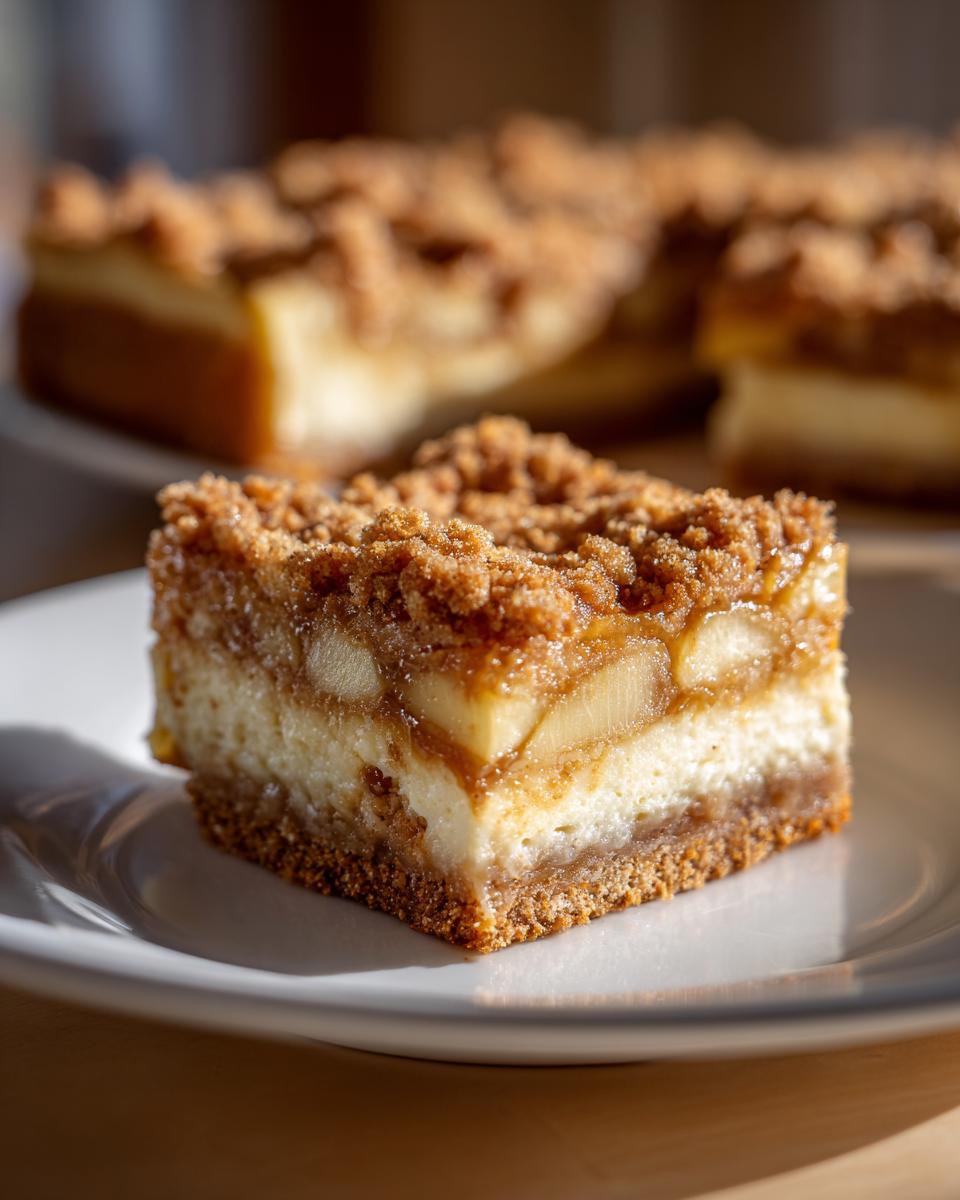 A close-up of a thick, layered apple cheesecake bars slice featuring a graham cracker crust, creamy filling, apple topping, and streusel.