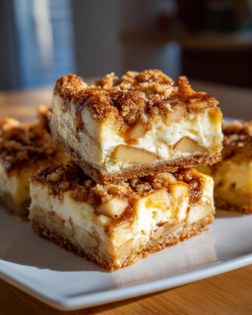 Close-up of two stacked apple cheesecake bars featuring a creamy layer, apple pieces, and a brown sugar crumble topping.