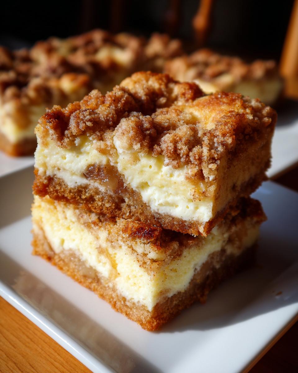 Two stacked squares of rich apple cheesecake bars featuring a creamy filling and thick cinnamon crumb topping.