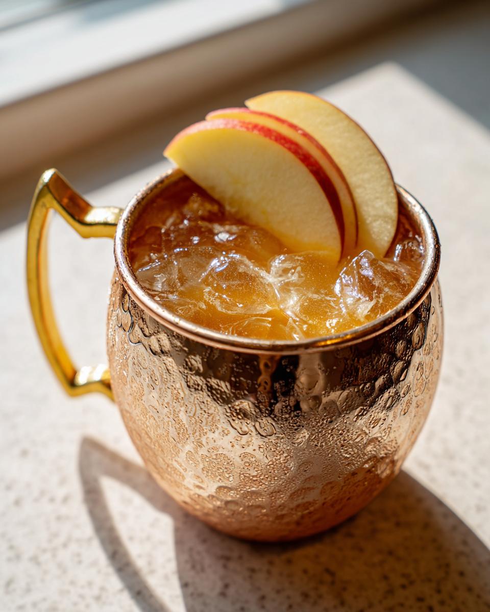 Close-up of a chilled apple cider moscow mule cocktail garnished with apple slices in a hammered copper mug.