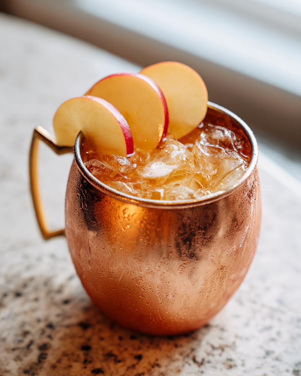 Close-up of a frosty copper mug filled with an Apple Cider Moscow Mule, garnished with three thin apple slices.