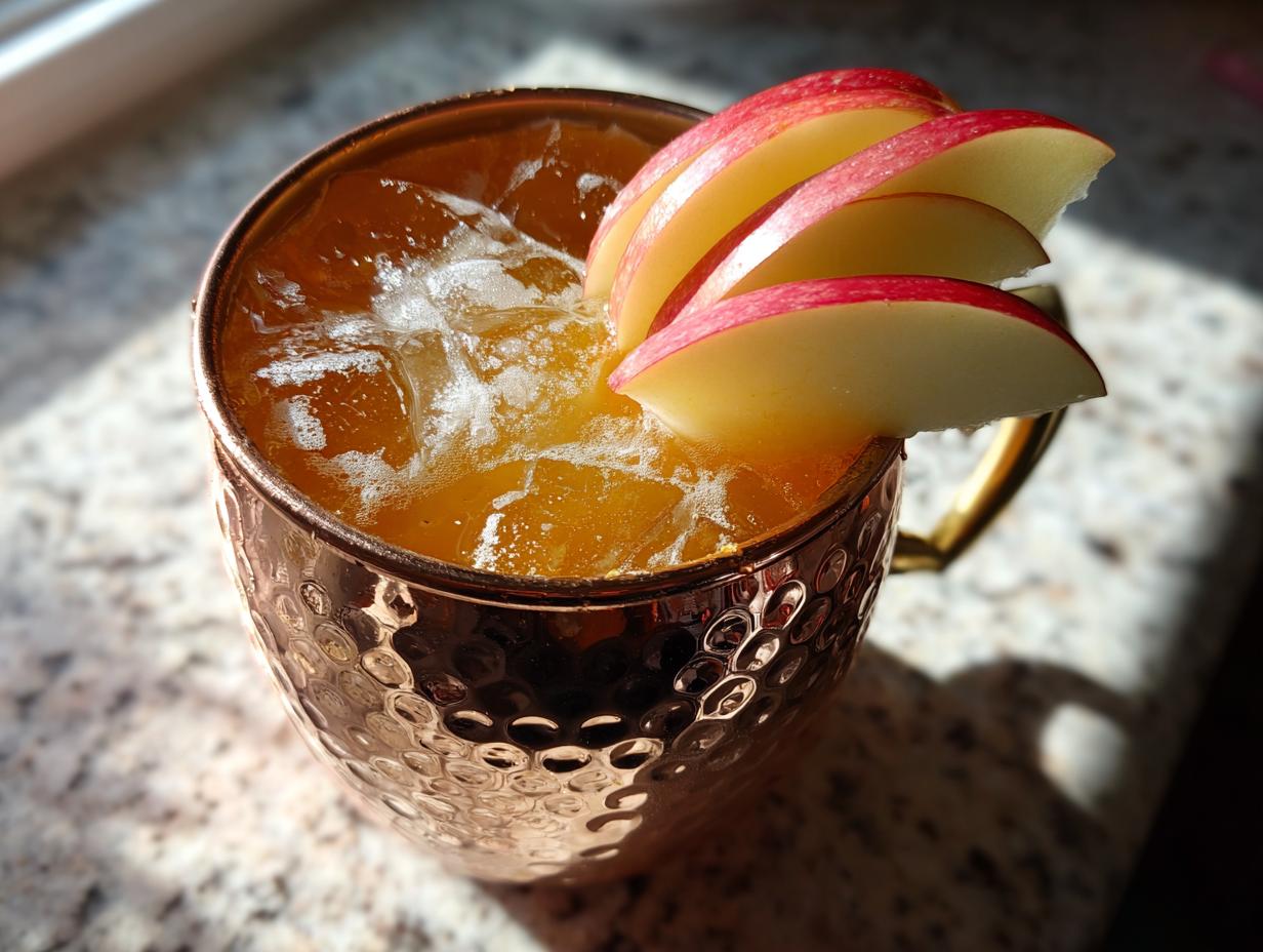 Close-up of a sparkling apple cider moscow mule in a hammered copper mug, garnished with thin apple slices.