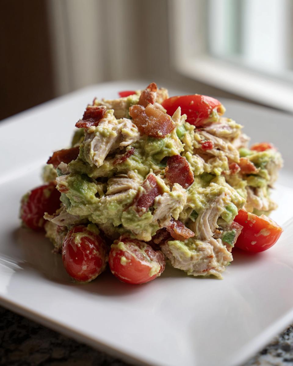 A mound of creamy avocado blt chicken salad mixed with shredded chicken, bacon, and halved cherry tomatoes on a white plate.