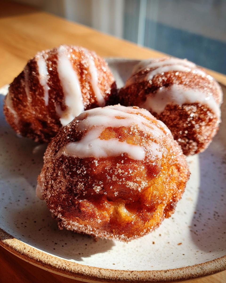 Close-up of three golden brown baked apple fritters coated in cinnamon sugar and drizzled with white glaze.
