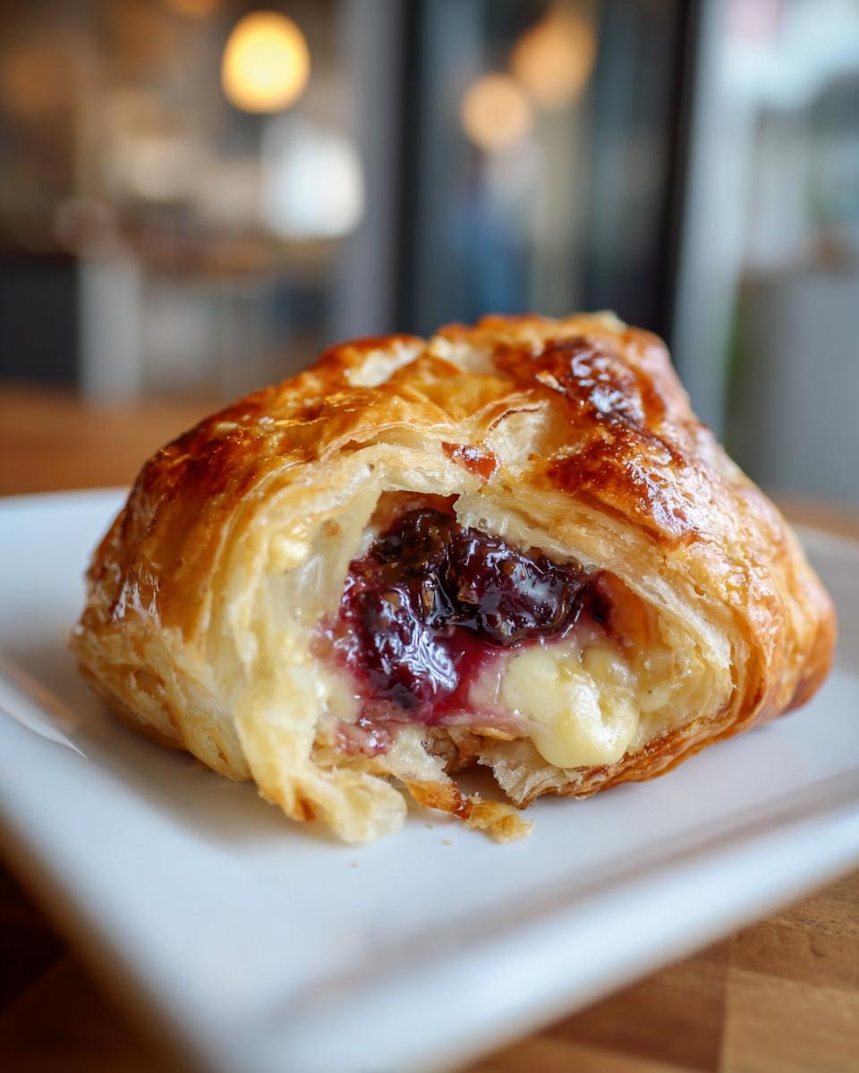 Close-up of a flaky baked brie in puff pastry cut open to show melted brie and dark berry jam filling.