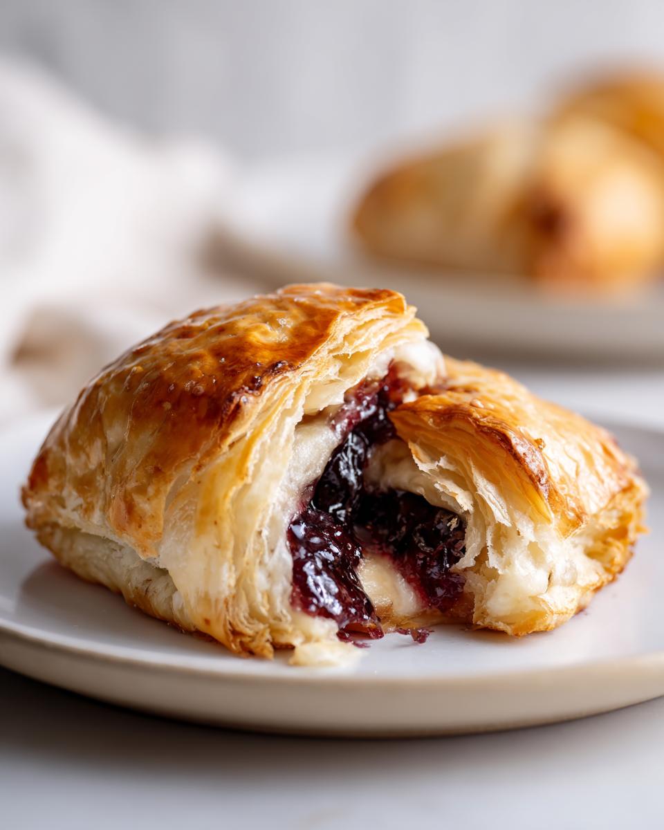 Close-up of a bite taken out of baked brie in puff pastry, revealing melted brie and dark berry jam.