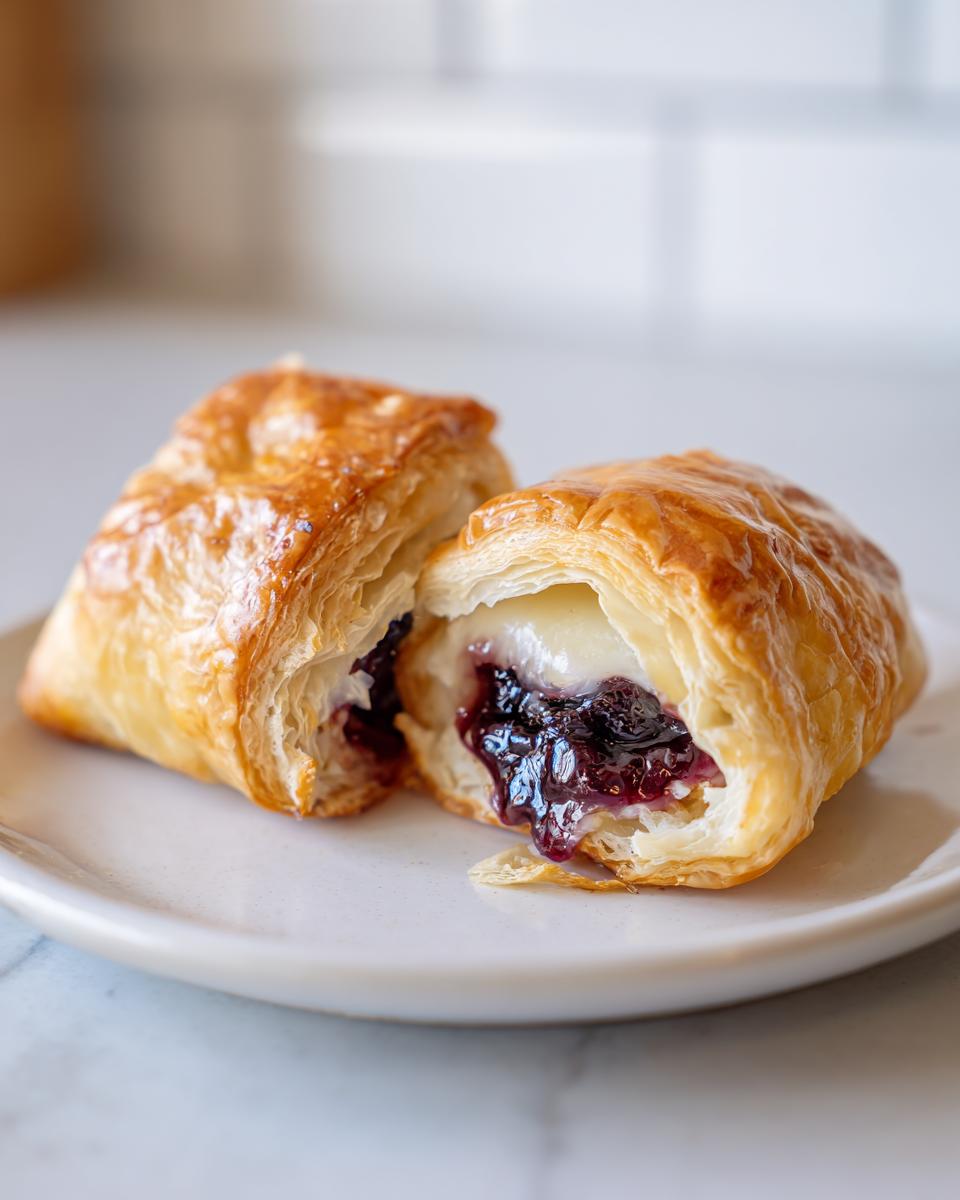 Close-up of baked brie in puff pastry cut in half, showing melted brie and dark berry jam filling.