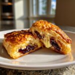 Close-up of baked brie in puff pastry cut in half, showing melted brie cheese and dark fruit filling.