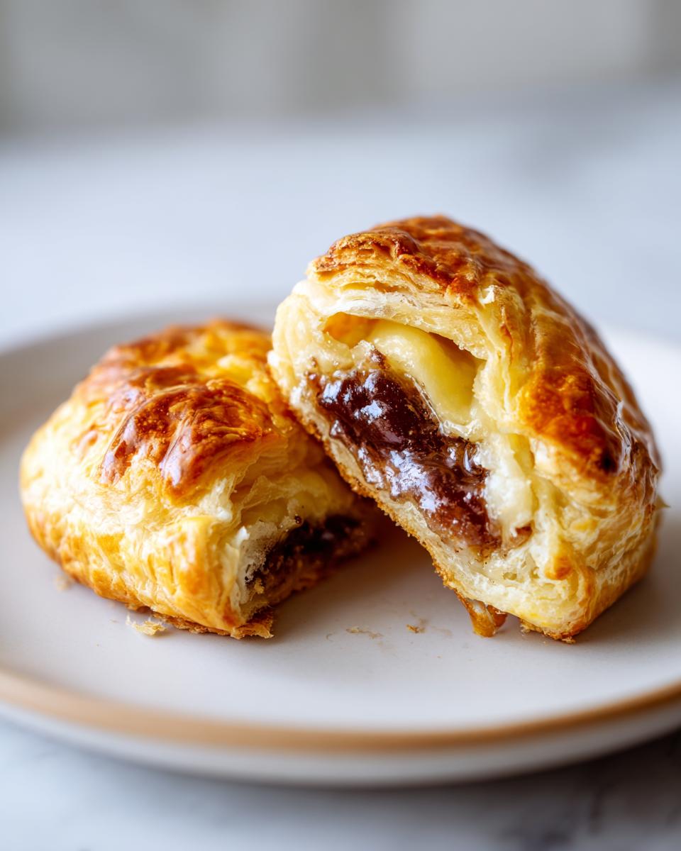 Close-up of baked brie in puff pastry cut in half, showing melted brie and jam filling.
