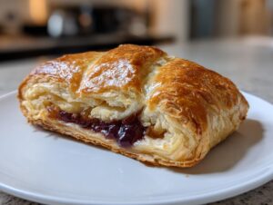 A close-up of a slice of baked brie in puff pastry showing flaky golden crust and melted cheese with dark jam filling.
