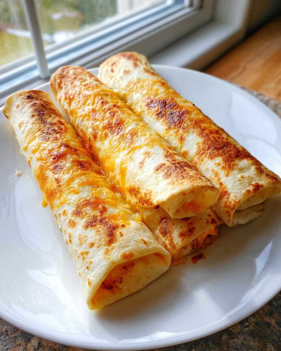 Three golden brown Baked Chicken Chimichangas topped with melted, slightly browned cheddar cheese, served on a white plate.