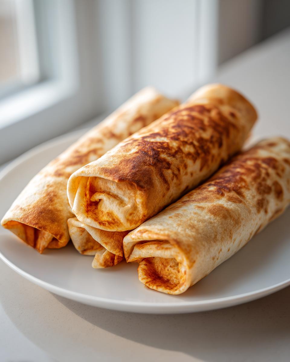 Four perfectly rolled and baked chicken chimichangas with golden brown, slightly crispy tortillas stacked on a white plate.