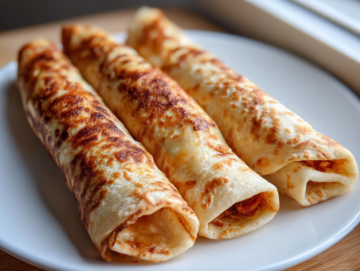 Three golden brown, rolled Baked Chicken Chimichangas resting on a white plate, showing slightly crispy tortilla exteriors.