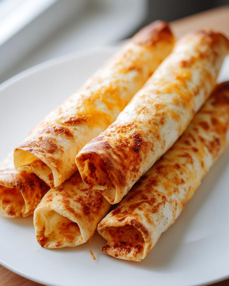 A stack of five golden brown Baked Chicken Chimichangas with melted cheese visible on a white plate.