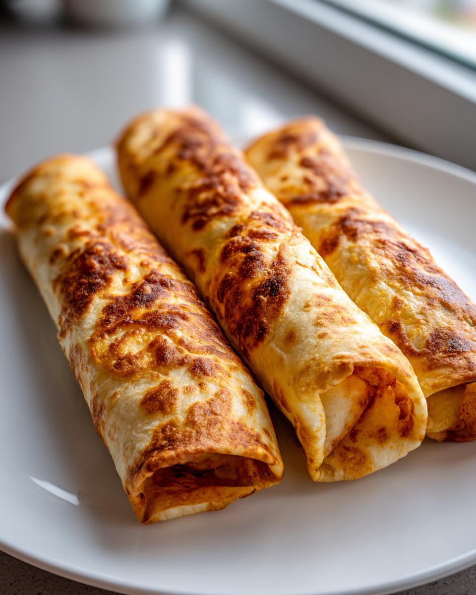 Three golden brown, freshly baked chicken chimichangas arranged on a white plate, showing crispy, slightly charred tortillas.