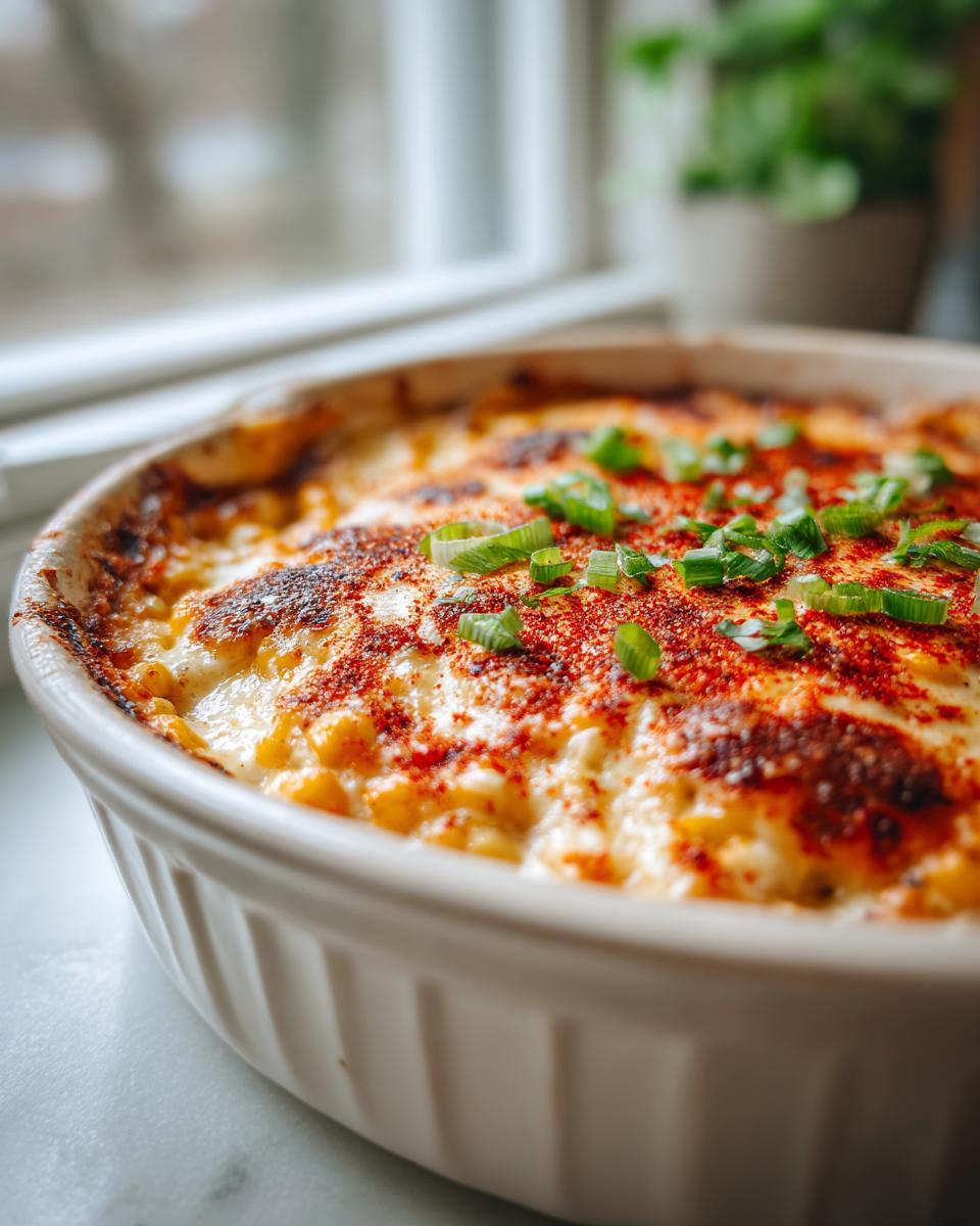 Close-up of hot, cheesy elote dip topped with paprika and green onions in a white baking dish.
