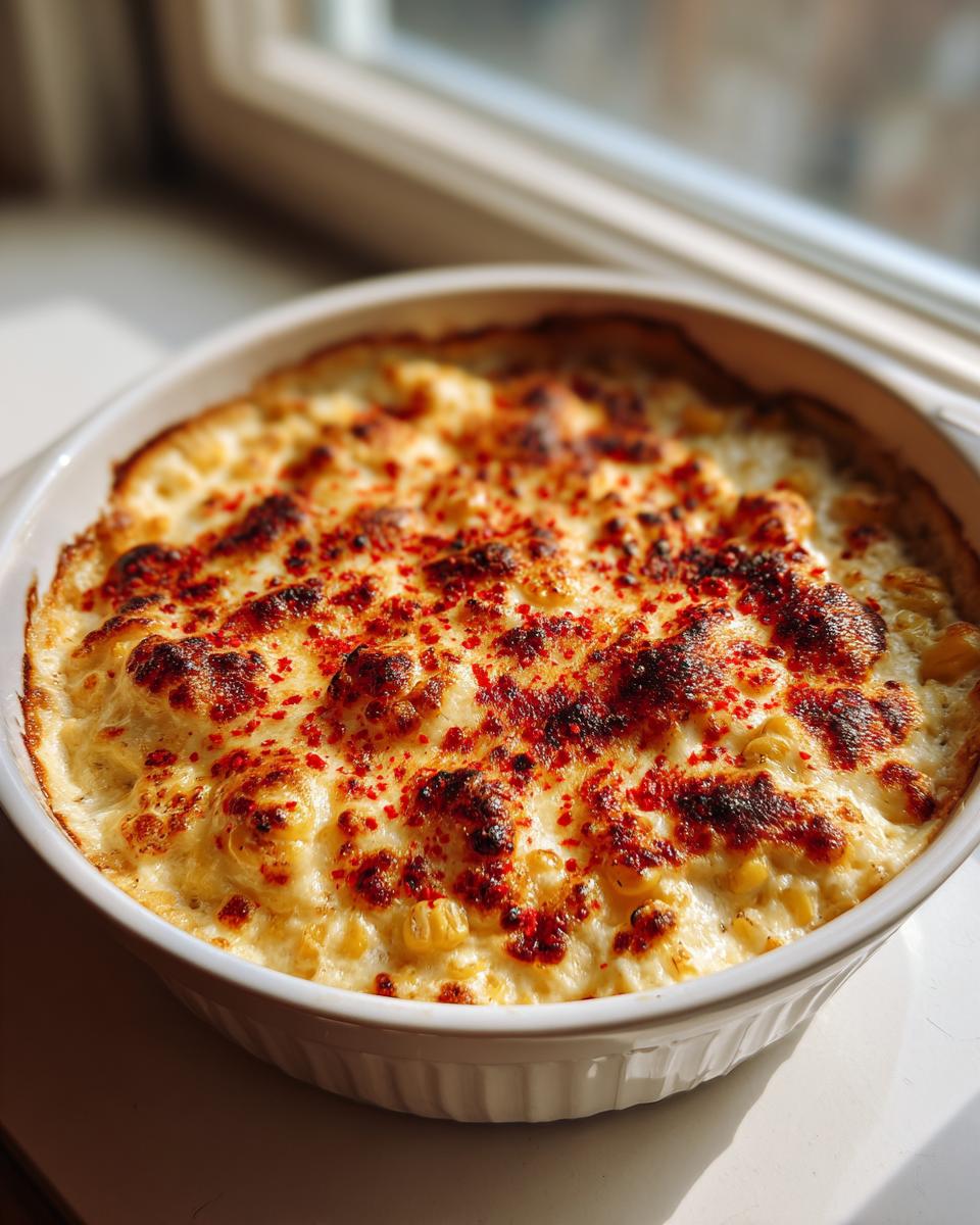 A close-up of a hot, baked elote dip in a white round dish, featuring a bubbly, browned cheese crust sprinkled with red chili powder.