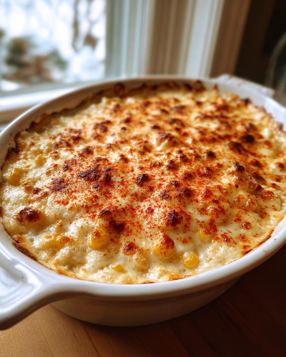 A close-up of a creamy, baked elote dip in a white casserole dish, topped with browned cheese and sprinkled with red paprika.
