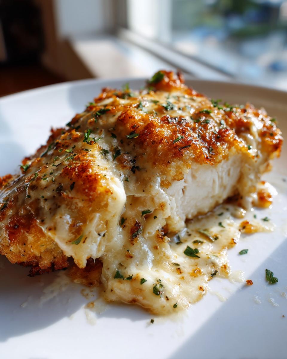 Close-up of a juicy baked ranch chicken breast, topped with melted cheese and parsley garnish.
