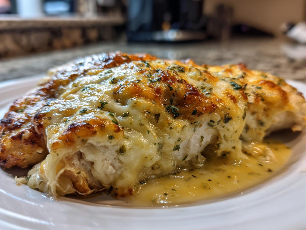 Close-up of juicy baked ranch chicken covered in melted, golden-brown cheese and herbs.