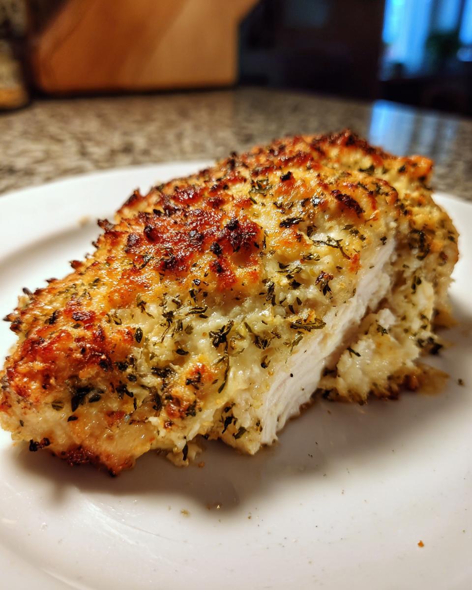 Close-up of a juicy, baked ranch chicken breast with a golden, herbed crust on a white plate.