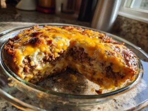 A close-up of a baked, three-layer Texas Trash Dip in a clear glass pie dish with a slice removed.
