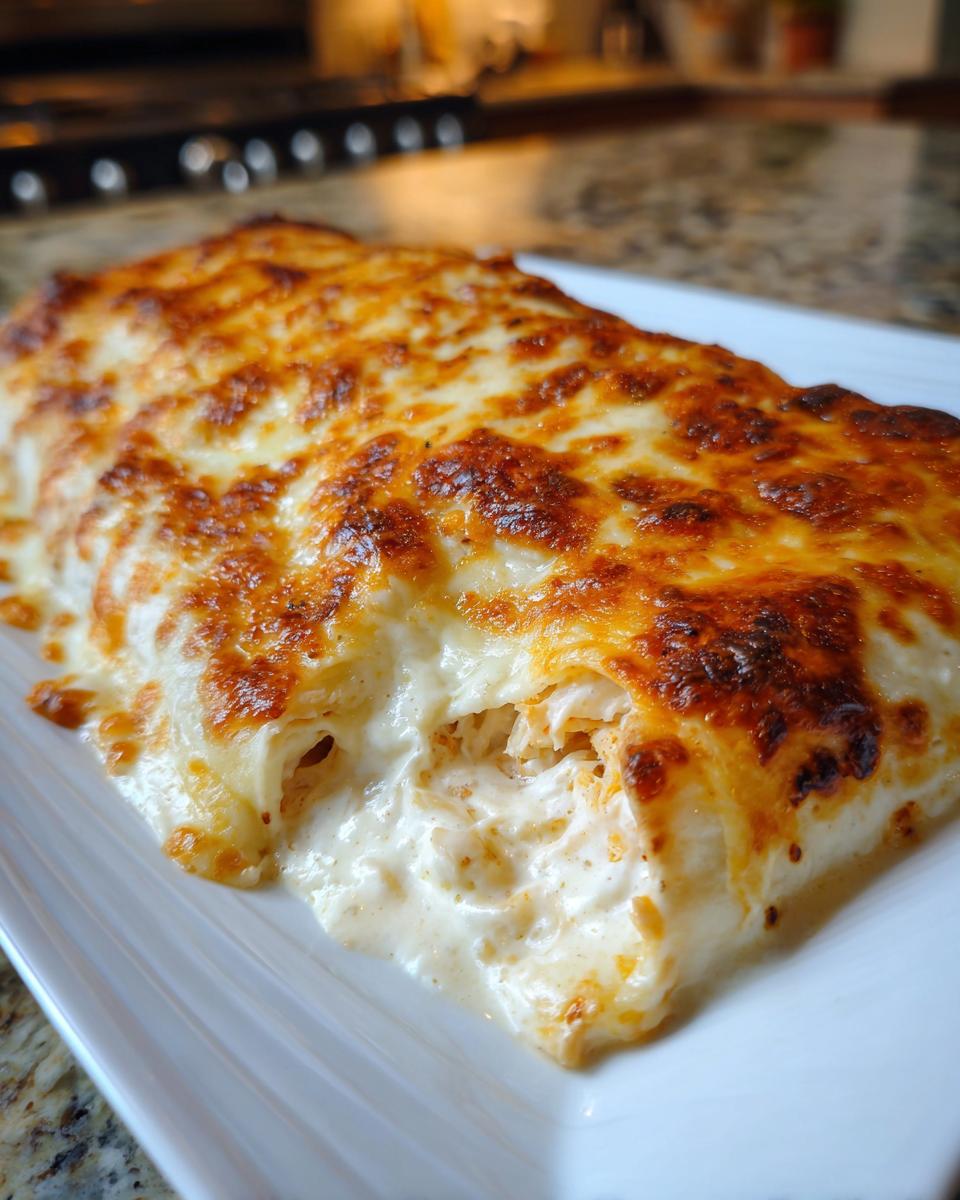 Close-up of baked white chicken enchiladas oozing creamy sauce and topped with perfectly browned, melted cheese.