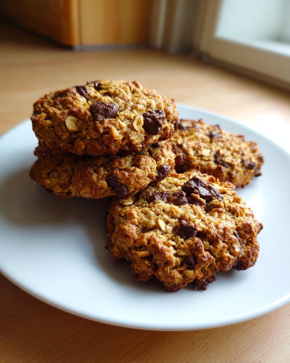 A stack of four golden-brown banana oatmeal cookies loaded with dark chocolate chips resting on a white plate.