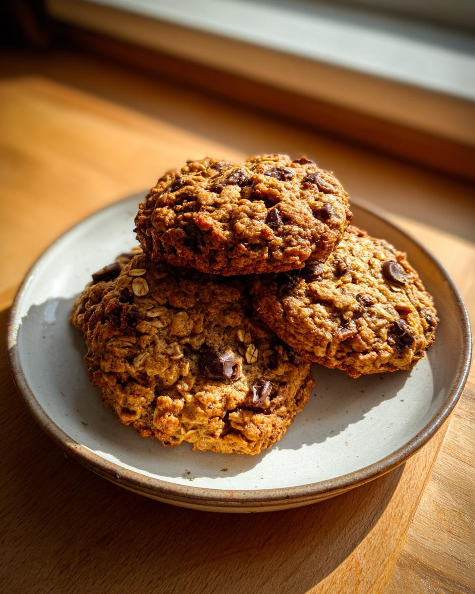 Three freshly baked banana oatmeal cookies stacked on a light speckled plate, illuminated by sunlight.