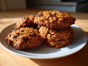 A stack of five golden brown banana oatmeal cookies studded with chocolate chips, resting on a light blue plate.