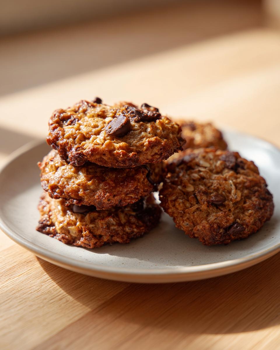 A stack of three freshly baked banana oatmeal cookies topped with chocolate chips on a light plate.