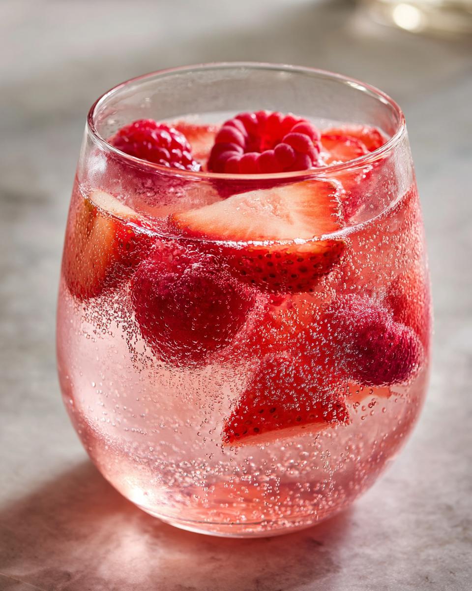 Close-up of a glass filled with pink, bubbly champagne punch garnished with fresh strawberries and raspberries.