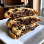 Three halves of a gooey chocolate chip cookie stacked, showing molten chocolate filling.