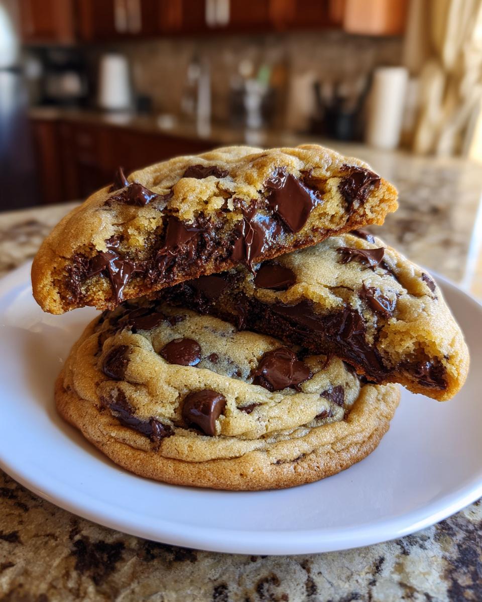 Close-up of a chocolate chip cookie broken in half showing a gooey, melted chocolate center.