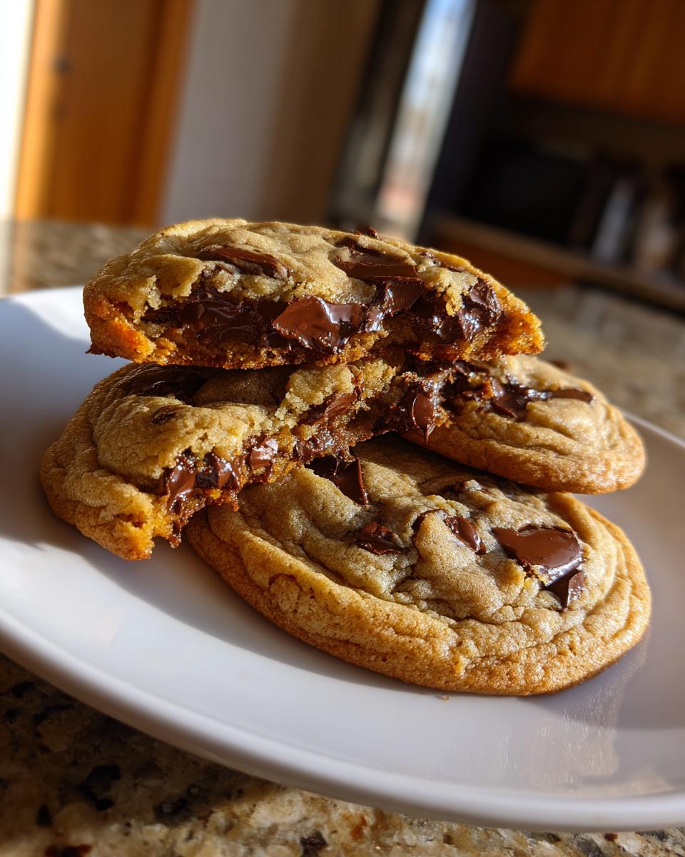 Close-up of a chocolate chip cookie broken in half showing a gooey, melted center.