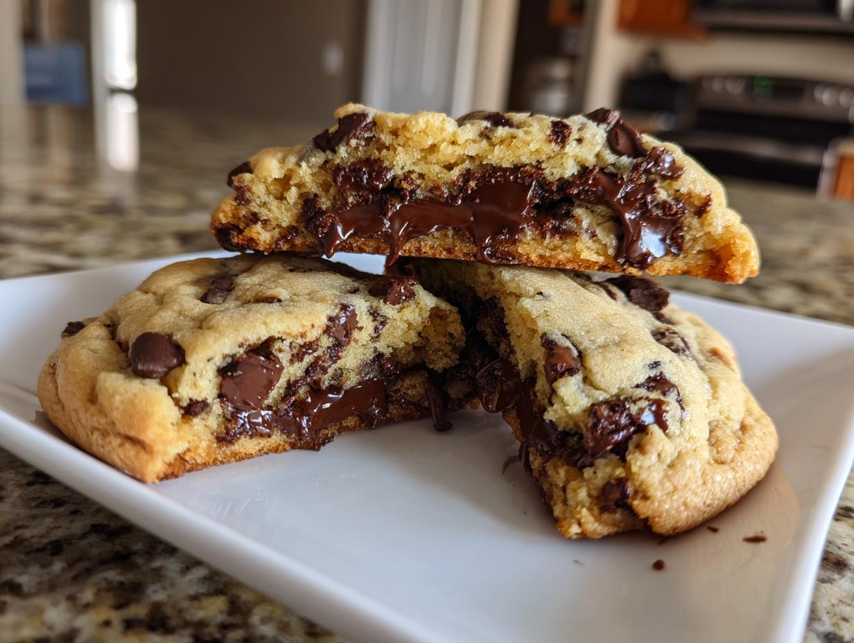 A chocolate chip cookie broken in half showing a gooey, melted chocolate center.