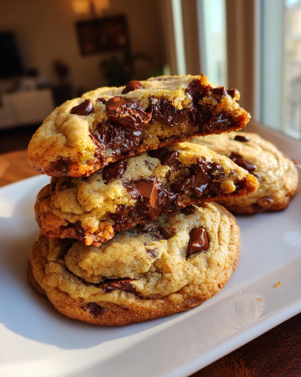 A stack of three thick, chewy chocolate chip cookie halves showing gooey, melted chocolate centers.