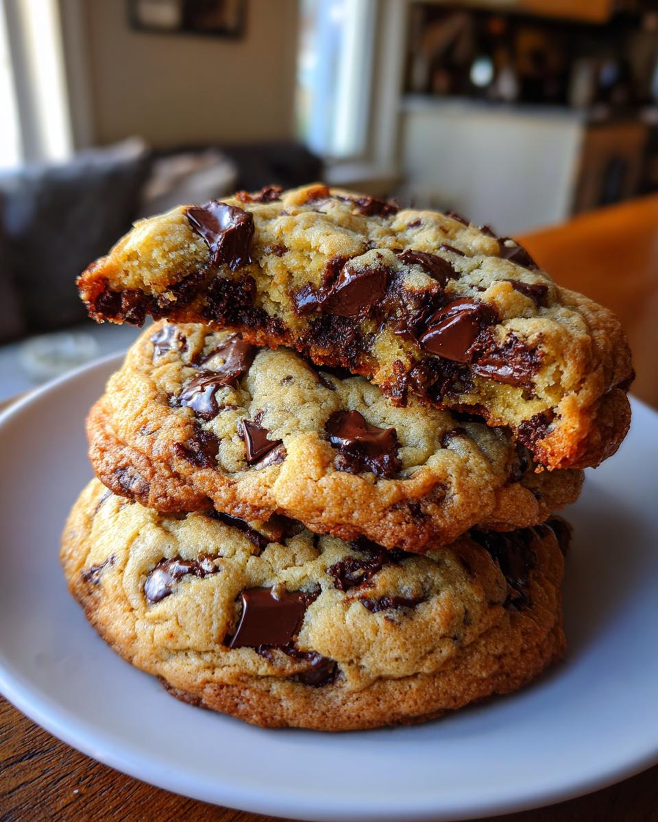 A stack of three thick, chewy chocolate chip cookies, with the top one broken in half to show the melted chocolate interior.