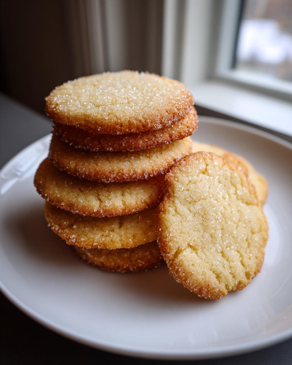 A stack of golden brown, soft sugar cookies generously coated in sparkling granulated sugar.