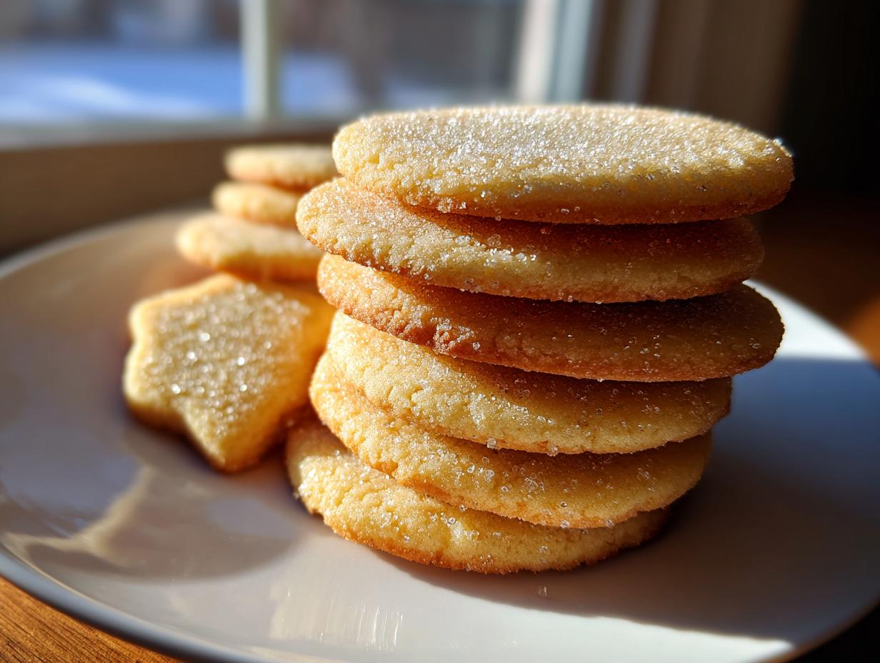 A tall stack of golden brown sugar cookies topped with sparkling sugar crystals, next to a star-shaped cookie.
