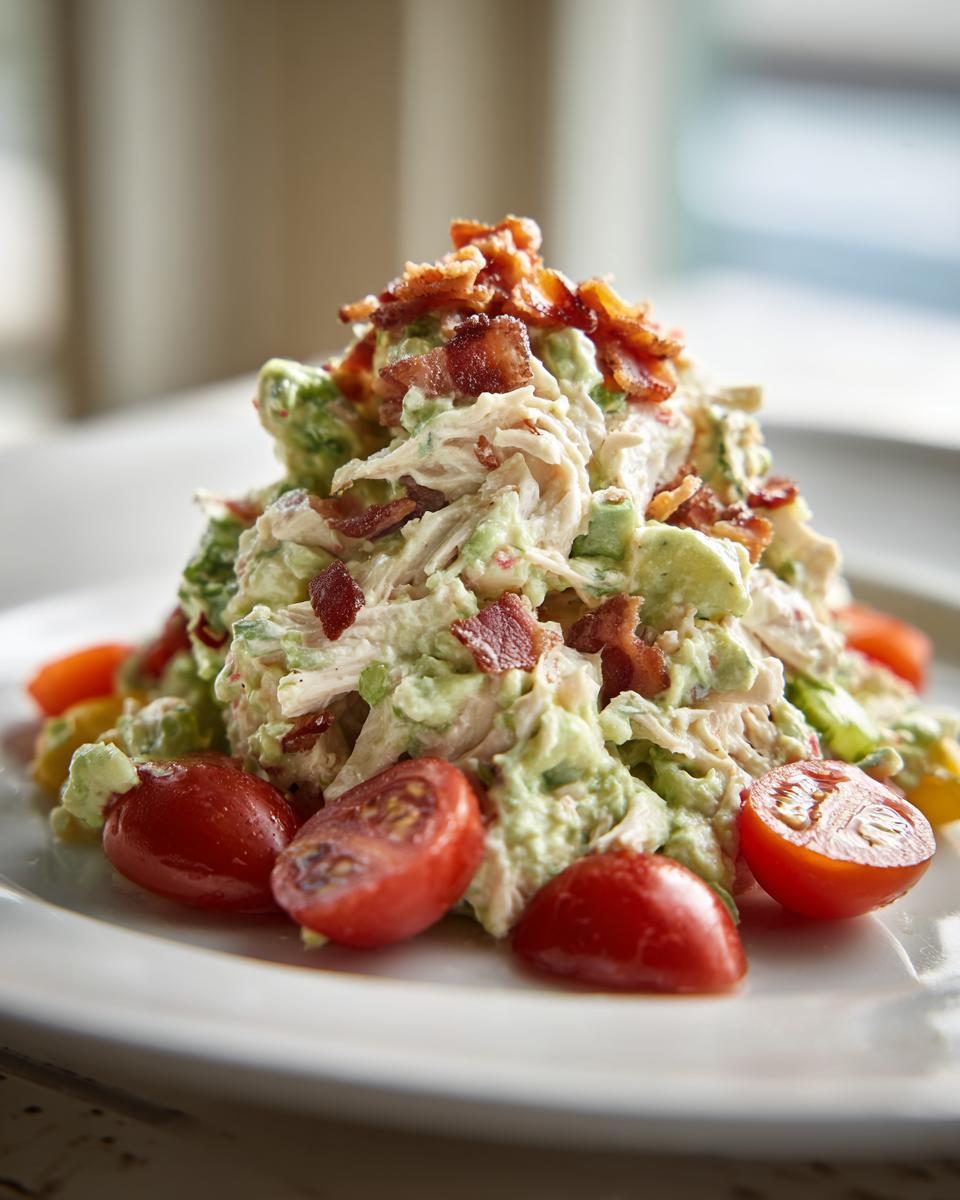 A mound of creamy BLT chicken salad mixed with avocado, topped with crispy bacon bits and surrounded by halved cherry tomatoes.